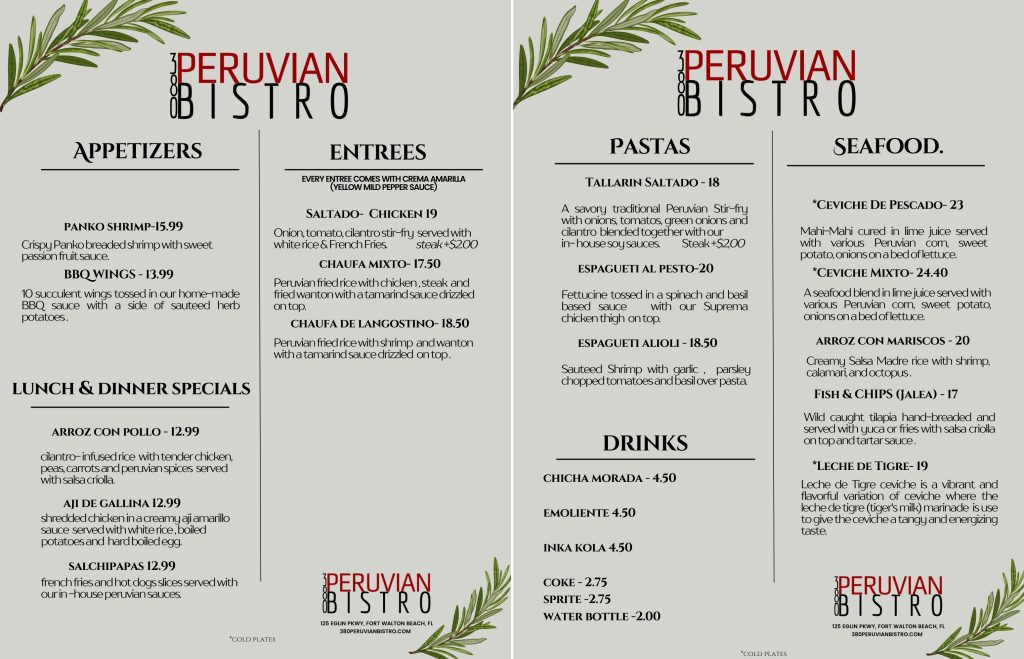 380 peruvian bistro menu soft opening fort walton beach